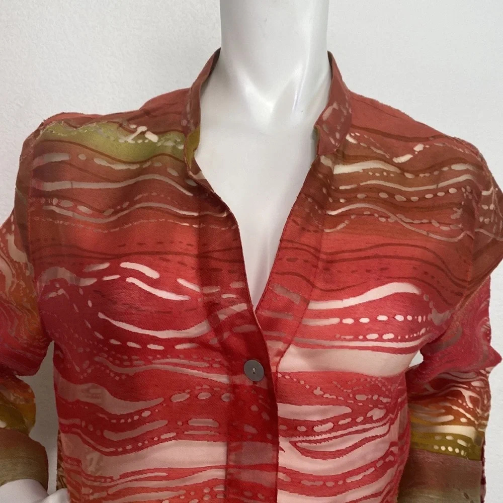Red Green Tropical Sunset Sheer Burn Out Bohemian Collared Button Front Blouse - Picture 2 of 5